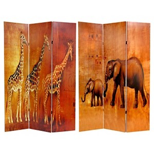 Giraffe & Elephant Double Sided Room Divider - Oriental Furniture: African Style Canvas Partition, 6ft Wall Separator - 1 of 3