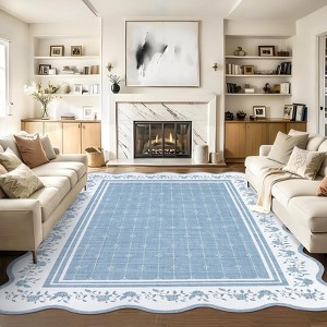Scalloped Washable Rug 9x12 Rugs for Living Room Bedroom Nursery Rug Bordered Floral Mat Indoor Soft Accent Carpet for Dining Room Kids Room - 1 of 4