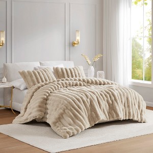 3 Pcs Elegant Reversible Faux-Fur Plush Comforter Set,All Season Ribbed Velvet Bedding Set,Cozy Home Textile fits Lux Bedroom Decor - 1 of 4