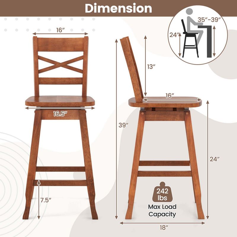 Costway 2 PCS 24"/30" Counter/Bar Height Stool Rubber Wood Swivel Bar Stool with Inclined Backrest Walnut, 3 of 9