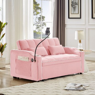 CAVINAS Modern Sofa Velvet Pull-Out Bed, Foldable Sofa Bed, Adjustable Back and with USB Port and Ashtray and Swivel Phone Stand