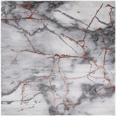 Gray and Orange Abstract Square Synthetic Area Rug