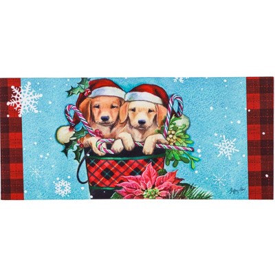 Evergreen 0.25 In Christmas Puppy Bucket Mat Sassafras Lab Winter Poinsettia Door Mat