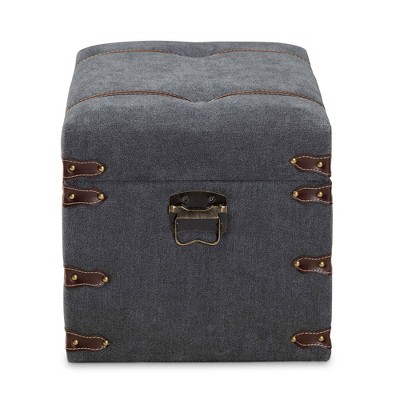 Palma Gray Fabric Upholstered Storage Trunk Ottoman with Brass Accents