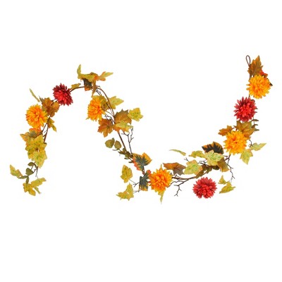 Northlight 5.5' x 6" Red and Yellow Maple Leaf with Mum Flower Thanksgiving Garland - Unlit