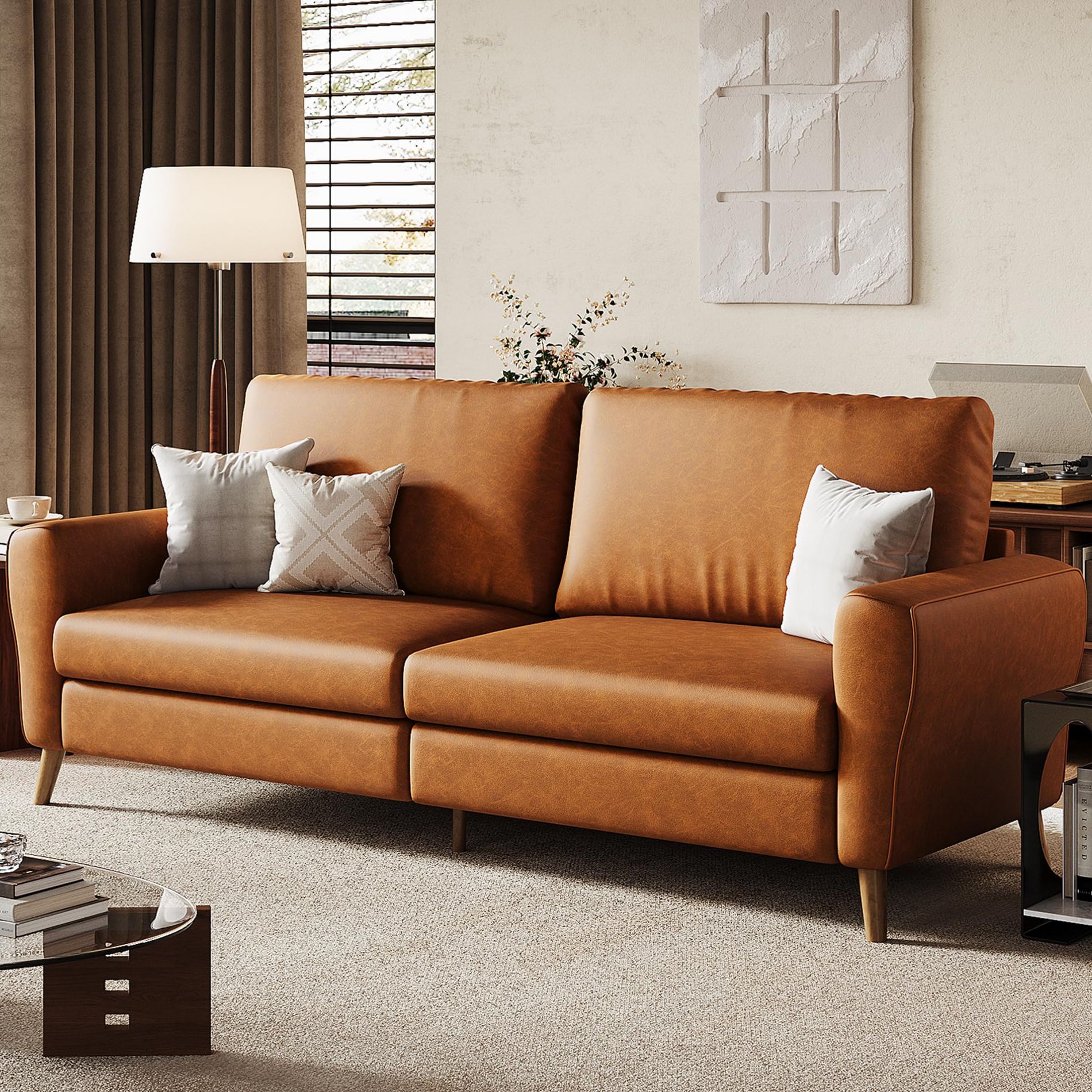 84" Sofa, 3 Seater Couch for Living Room, Modern Loveseat, PU Leather Sofa with Deep Seats and Wide Armrests, Wood Legs