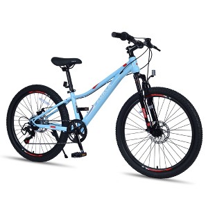 CAVINAS 24 Inch Shimano 6-Speed Bike with Disc Brakes for Girls and Boys,Mountain Bicycle with Leather Saddle and Grips,Blue - 1 of 4