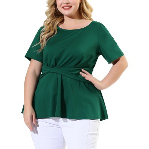 Agnes Orinda Women's Plus Size Twisted Knot Front Ruffles HemCrew Neck Short Sleeves Solid Summer Casual Peplum Blouses - 1 of 4