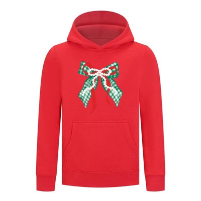 Everyday Kids Christmas Collection Green Gingham Pearl Bow Girls Pullover Hoodie – Holiday Sweatshirt - Red