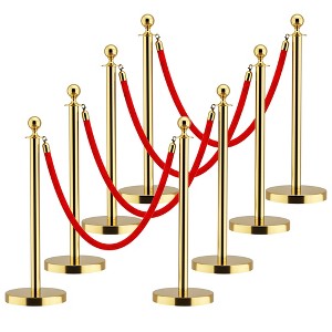 APRILSOUL Stainless Steel Gold Stanchions with Red Velvet Rope 5 ft. Crowd Control Barrier with Ball Top - 1 of 4