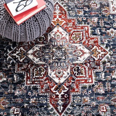 Navy and Red Medallion Square Synthetic Area Rug