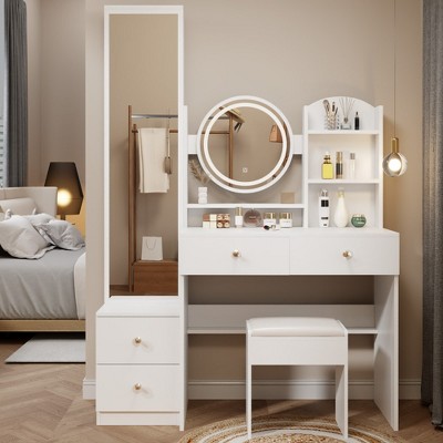 Full Body Mirror Cabinet + Round Mirror LED Vanity Table + Cushioned Stool, 17" LED Mirror, Touch Control, 3-color, Brightness Adjustable