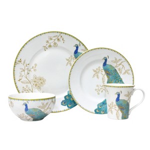 222 Fifth Peacock Garden Porcelain 16pc Dinnerware Set White: Round Dish Set, Service for 4, Bird Pattern, Dishwasher-Safe - 1 of 4