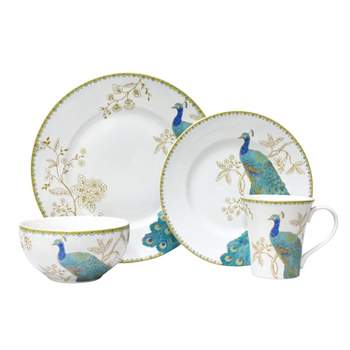 222 Fifth Peacock Garden Porcelain 16pc Dinnerware Set White