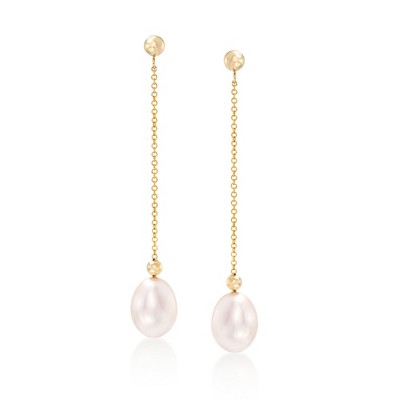 Ross-Simons 8-8.5mm Cultured Pearl Bead and Chain Drop Earrings in 14kt Yellow Gold
