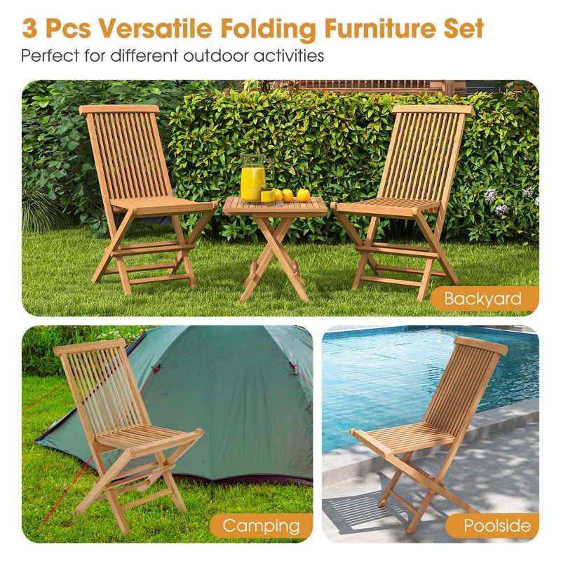 Costway 3PCS Patio Bistro Set Square Table Indonesia Teak Wood Folding Chair Slatted Tabletop Seat, 5 of 10