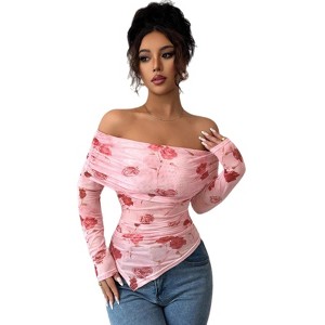 Women's Off-Shoulder Slim Fit Ruched Asymmetric Floral Top, Long Sleeve Print Blouse for Party & Casual Wear - 1 of 4