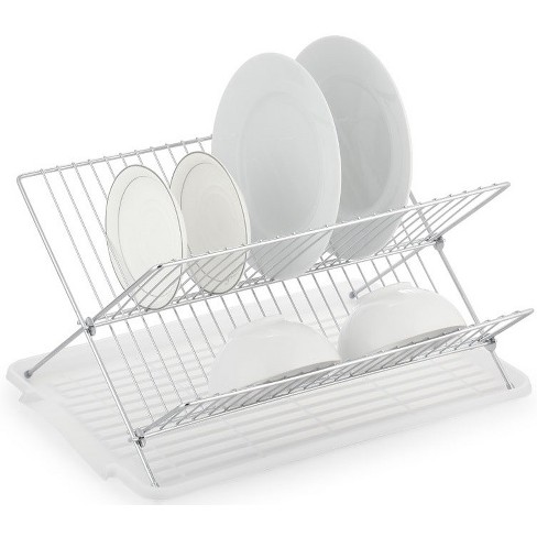 J&V TEXTILES Foldable Dish Drying Rack with Drainboard, Stainless Steel 2  Tier Dish Drainer Rack (White)