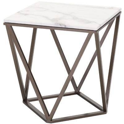 White Marble and Antique Brass Geometric Accent Table