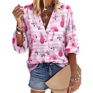 Nlife Women Pineapple Printed Lapel Collar Half Sleeves Buttons Down Blouse Shirt - 1 of 4