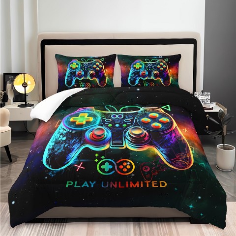 Aeelleea Gamer Soft Comforter Set for Boys, Neon Gaming Bedding Quilt Set for Room Decor, 3D Printed Cartoon Theme for Bedroom, Queen Size