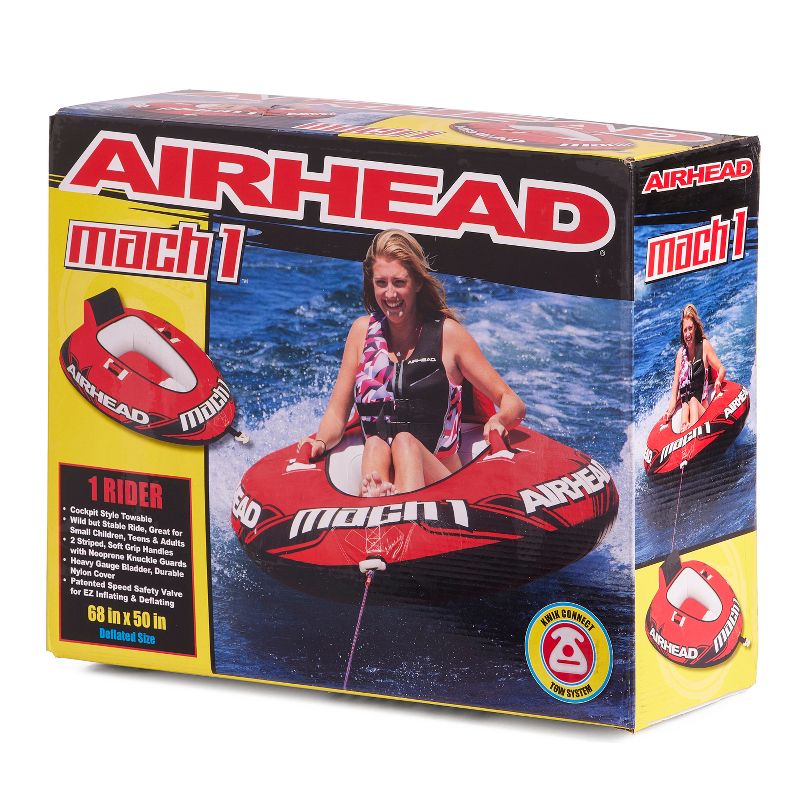 Airhead Mach 1 Inflatable Single Rider Towable Lake, Ocean, or River Water Tube Float with Secure Holding Handles and Boston Valve, Red, 5 of 7