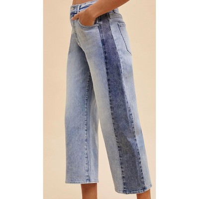 Women's Two Tone Side Panel Stretch Barrel Leg Crop Jean - AnnieWear
