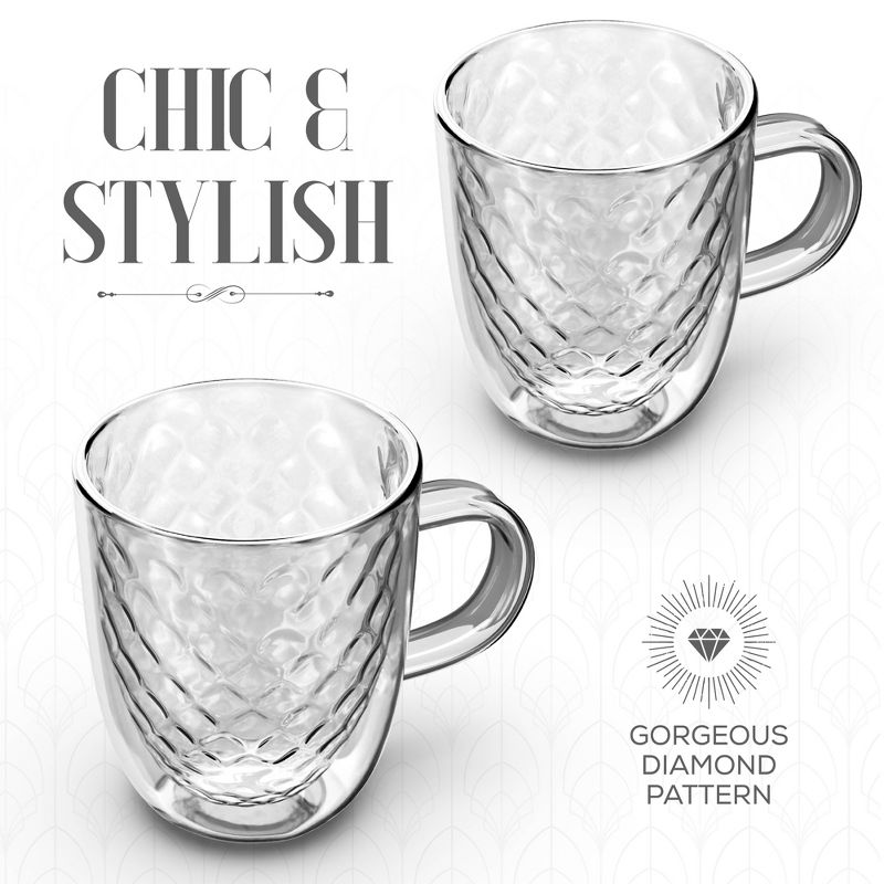 Elle Decor Set of 2 Insulated Coffee Mug, 13-Oz Double Wall Diamond Design Glasses, Glass Coffee Mug for Lattes, Americano, Espresso, Clear, 4 of 8