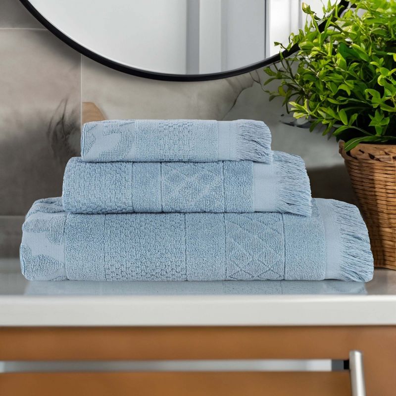 Geometric Jacquard Plush Soft Absorbent Cotton 3 Piece Bathroom Towel Set by Blue Nile Mills, 2 of 10