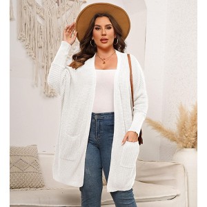 Womens Plus Size Cardigan Long Sleeves Mid Length Knit Sweater Open Front Casual Coat With Pockets - 1 of 4