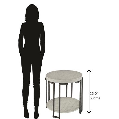 Transitional Beige & Black Round Wood & Metal End Table with Storage