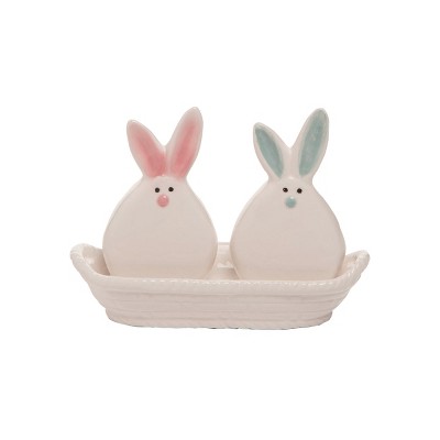 Transpac Dolomite 6 in. White Easter Pom Pom Bunnies Salt and Pepper Set of 3