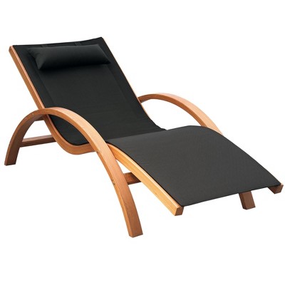 Outdoor Chaise Wood Lounge Chair with Pillow, Armrests, Breathable Sling Mesh and Comfortable Curved Design for Patio, Deck