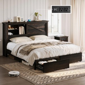 AMERLIFE 47.2" H Bed Frame with Bookcase Headboard, Charging Station, 2 Drawers - 1 of 4