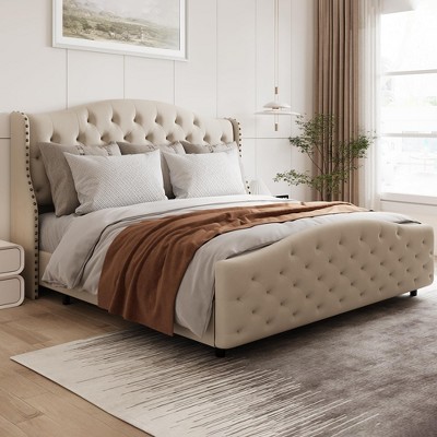 homfan Modern Velvet Upholstered Bed Frame with Tufted Raised Wing Back Headboard, Wood Slats Support, Mattress Foundation, Easy to Assemble