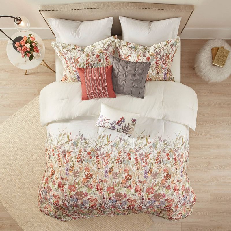 Julia 7pc Cotton Printed Comforter Set Off White/Red/Lavender, 1 of 13