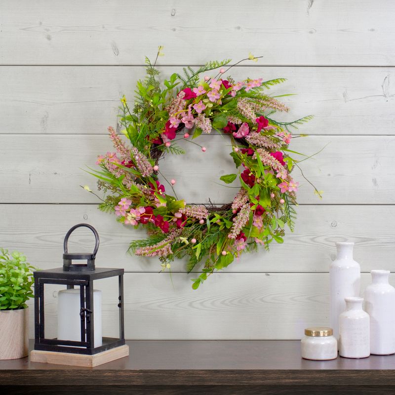 Northlight Spring Floral Foliage and Berry Twig Wreath, Pink 21", 2 of 6