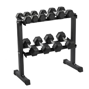 HolaHatha 5, 10, 15, 20, and 25 Pound Rubber Encased Hexagon Non Slip Dumbbell Weight Set with Rack for Various Strength Training Workouts, Black - 1 of 4