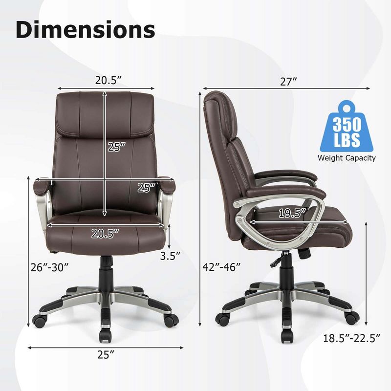 Costway Ergonomic Office Chair PU Leather Executive Swivel with Upholstered Armrests Brown, 3 of 9
