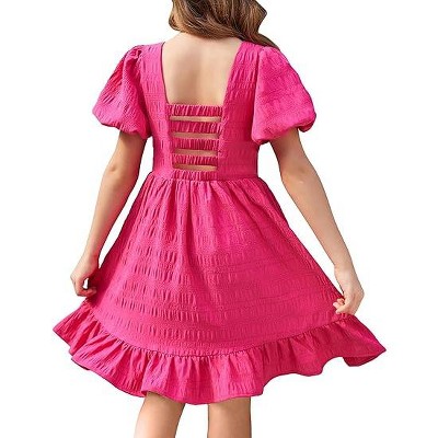 Arshiner Girls Summer Cut-Out Back A-Line Dress Puff Sleeves Square Neckline Flounce Hem Dresses
