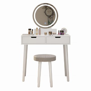 Makeup Vanity Set with 3-Color Dimmable Lighted Mirror, Makeup Dressing Table with Drawers, Padded Stool, White - 1 of 4