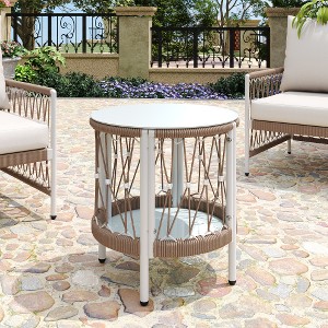 17.32in Bohemian Garden Accent Outdoor Side Table - Handwoven Rope with Powder-Coated Steel Frame, Glass Top, Small Patio End Table for Drinks, Plants - 1 of 4