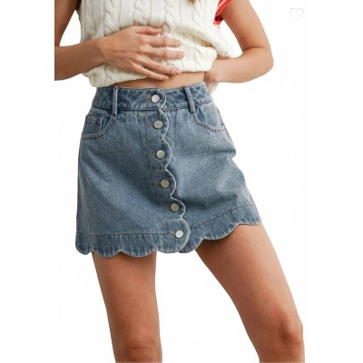 Women's Buttoned Scallop Denim Skirt - Buttermelon