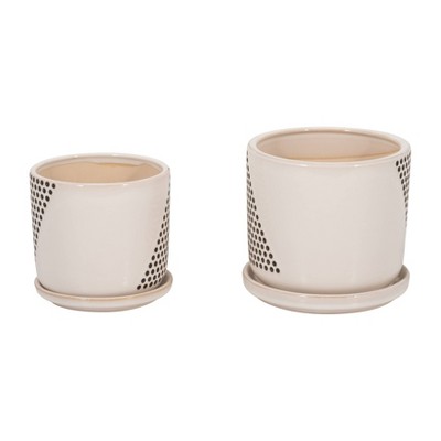 Elegant 6" White Ceramic Planter Pots with Black Dot Pattern and Saucers