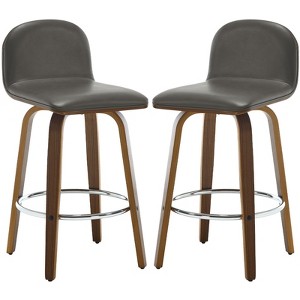 Bekrvio 26" Swivel Counter Height Bar Stools Set of 2 – Mid-Century Modern Upholstered PU Leather & Walnut Bentwood Legs, for Kitchen Island (Gray) - 1 of 4