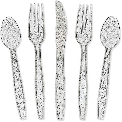 Juvale 144-Piece (Serves 48) Silver Glitter Disposable Plastic Cutlery Spoons Forks Knives Party Supplies