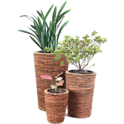Wicker Banana Rope Tall Floor Planter with Metal Pot