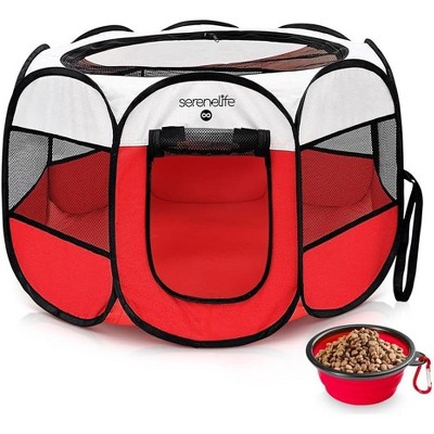 SereneLife Medium Foldable Pet Tent with Portable Folding Pet Bowl, Lightweight and Collapsible Playpen for Indoor & Outdoor Use (Red)