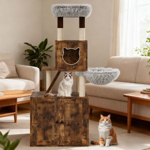 2 in-1 Modern Cat Tower with Hidden Litter Box Cabinet for Large Cats with Condo/Hammock/Scratching Post/Plush Perch, Oak Brown - 1 of 4