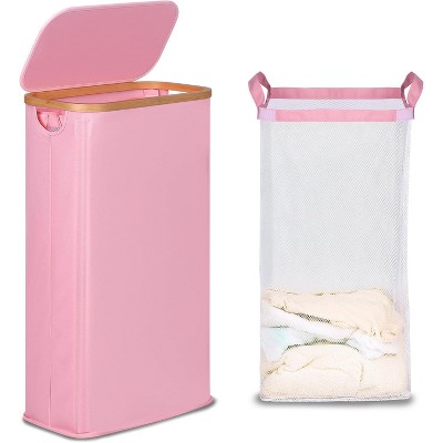 Laundry Basket with Lid, Narrow Laundry Hamper with Removable Bag, Skinny Dirty Clothes Basket with Bamboo Handles